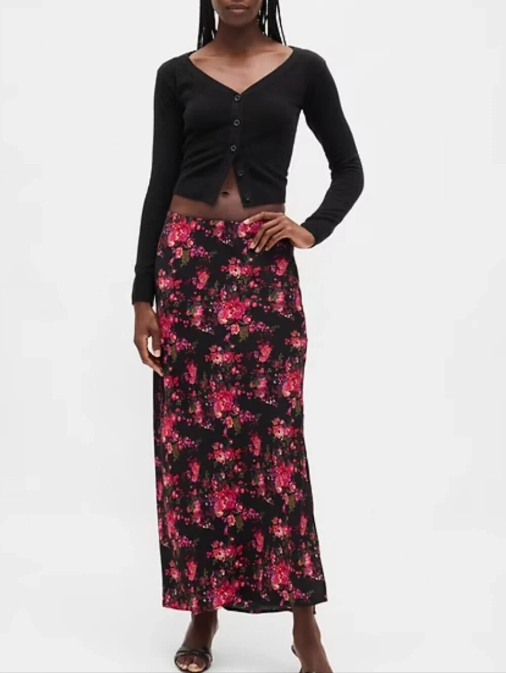 GAP Black Pull On Maxi Slip Skirt with Pink Black Floral Print
